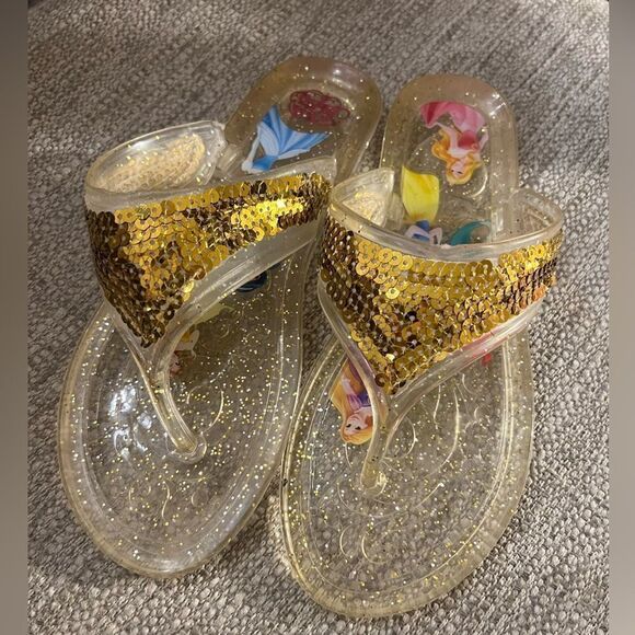 Disney Princess girls gold glitter & sequin jelly flip flops size 2 - Picture 2 of 5
